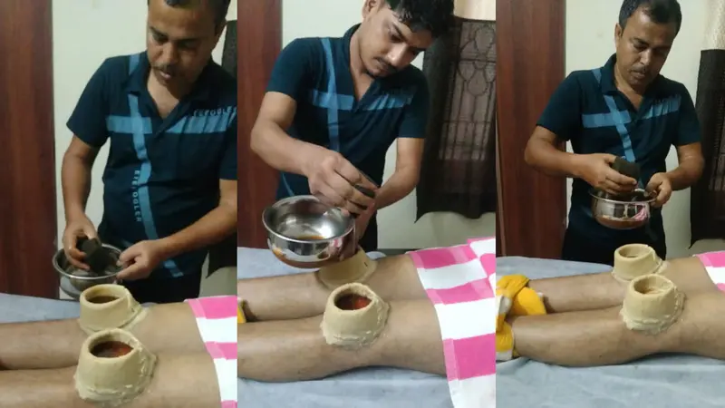 Janu vasti at potli ayurveda, a person is taking janu vasti therapy